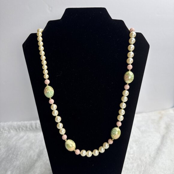 VTG Japanese Cloisonné Style Bead  Faux Pearl Necklace Hand Painted 29” Pastel - Picture 1 of 8